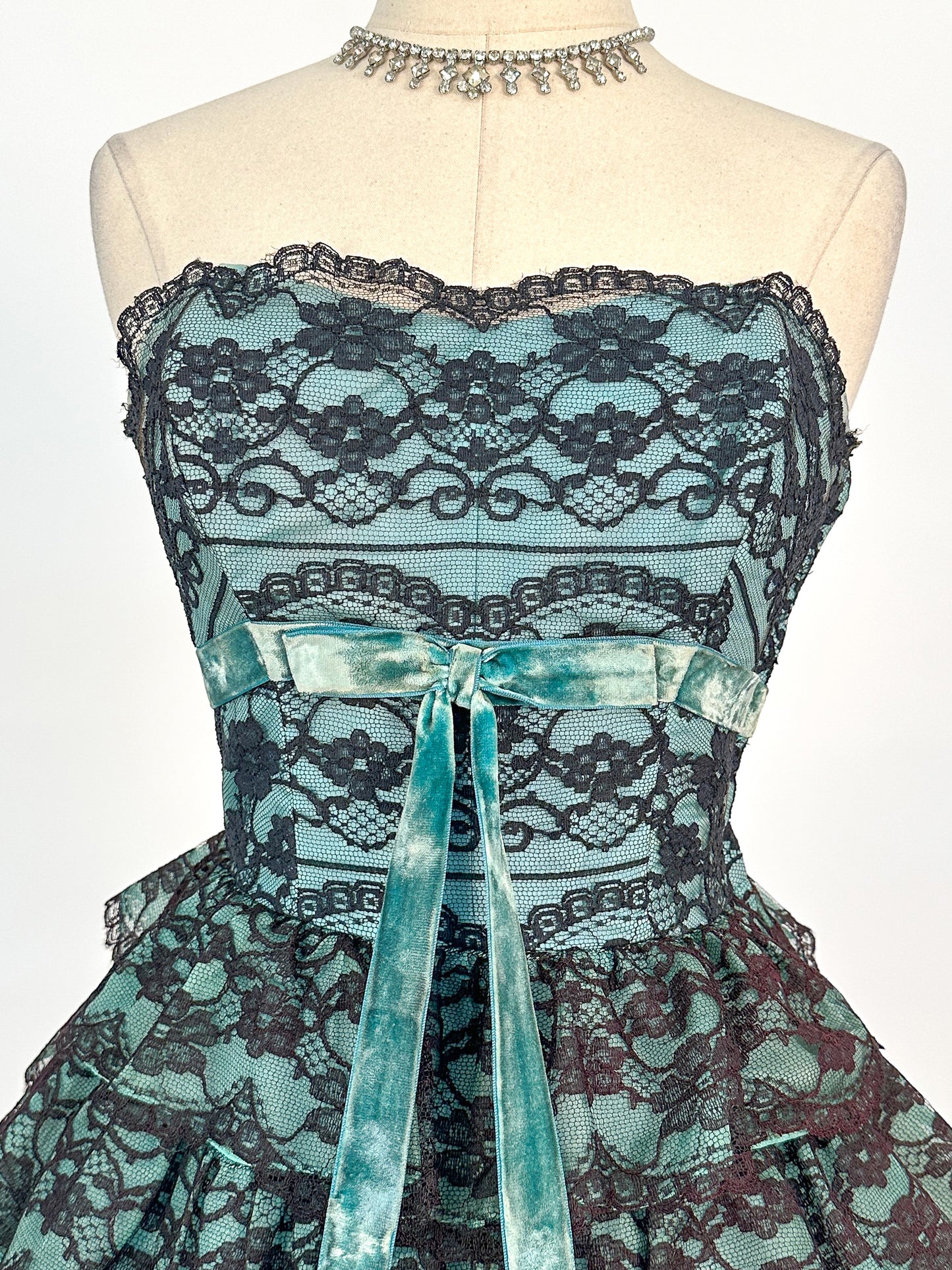 1950s Dreamy Black Lace and Teal Organza Tiered Ball Gown / Waist 24