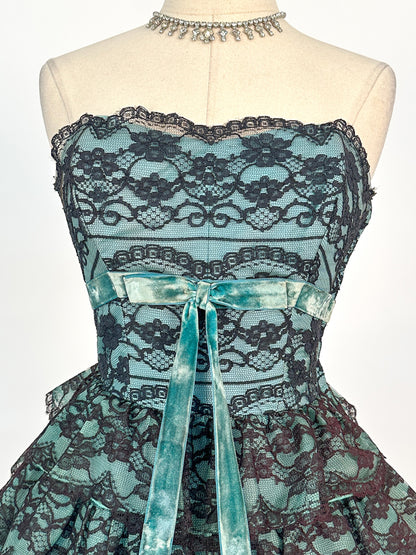 1950s Dreamy Black Lace and Teal Organza Tiered Ball Gown / Waist 24
