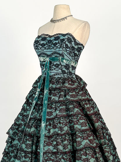 1950s Dreamy Black Lace and Teal Organza Tiered Ball Gown / Waist 24