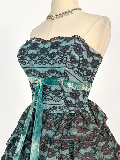 1950s Dreamy Black Lace and Teal Organza Tiered Ball Gown / Waist 24