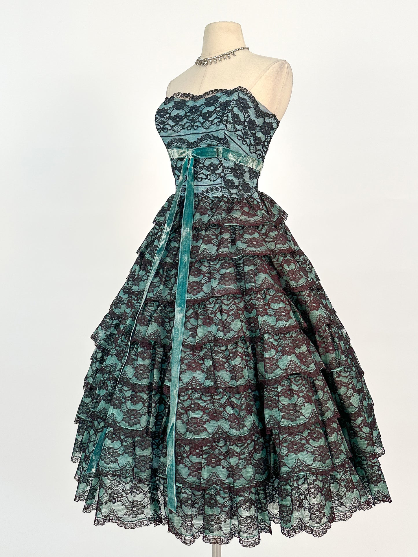 1950s Dreamy Black Lace and Teal Organza Tiered Ball Gown / Waist 24