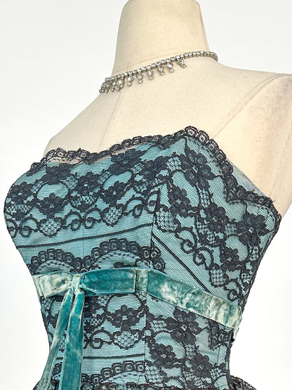 1950s Dreamy Black Lace and Teal Organza Tiered Ball Gown / Waist 24