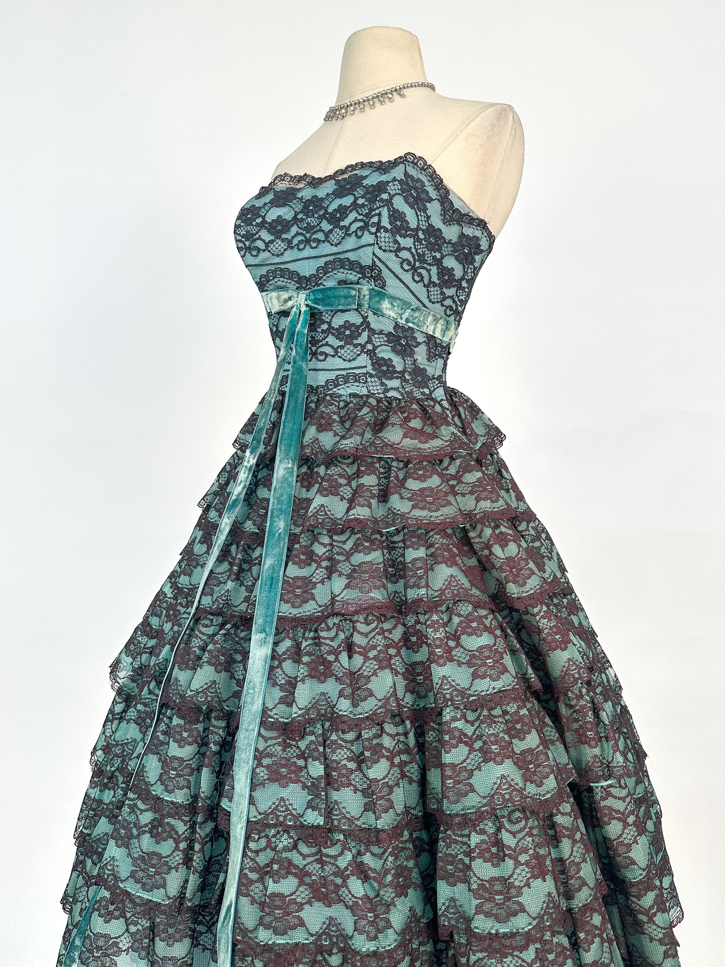 1950s Dreamy Black Lace and Teal Organza Tiered Ball Gown / Waist 24