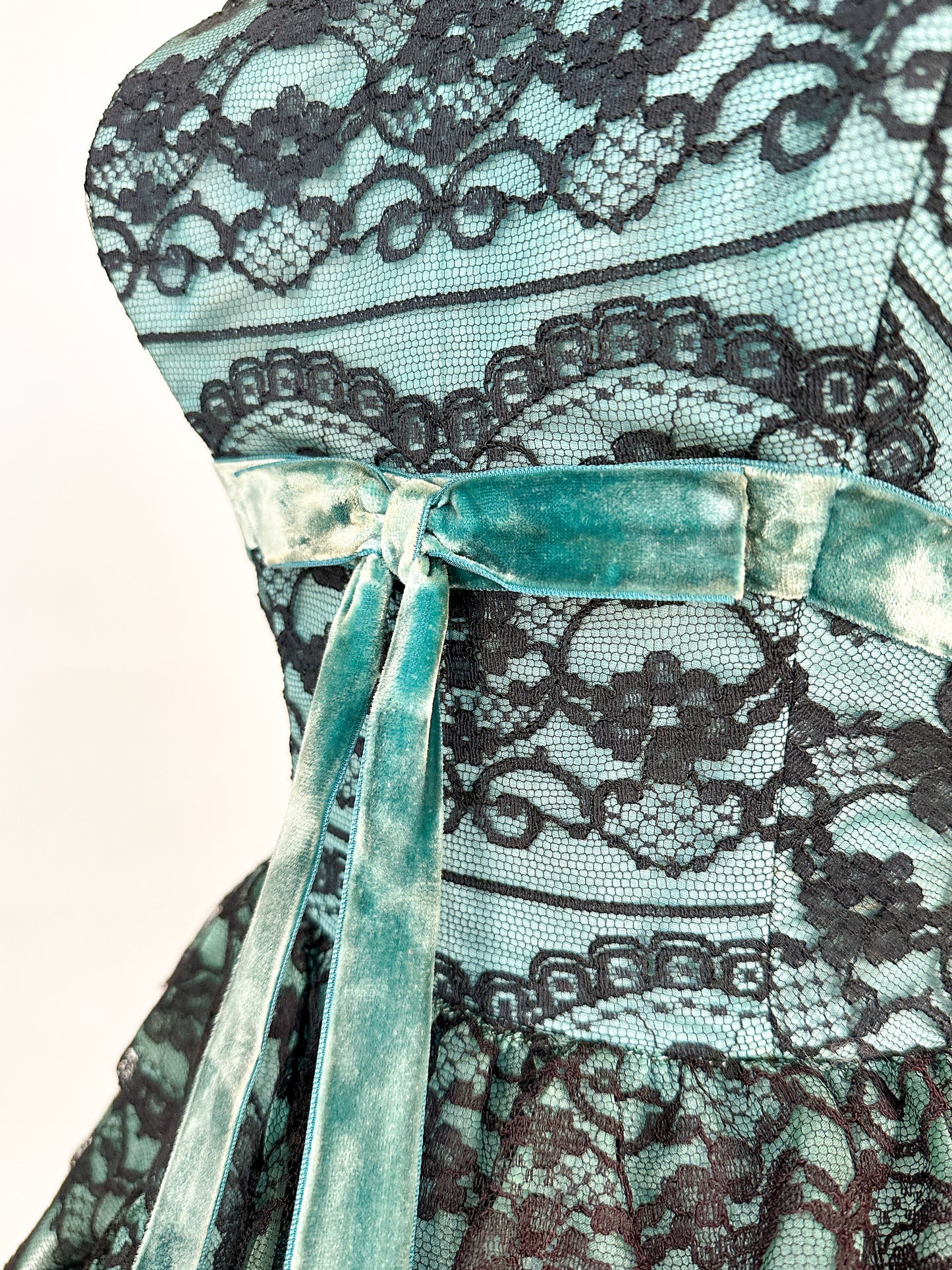 1950s Dreamy Black Lace and Teal Organza Tiered Ball Gown / Waist 24