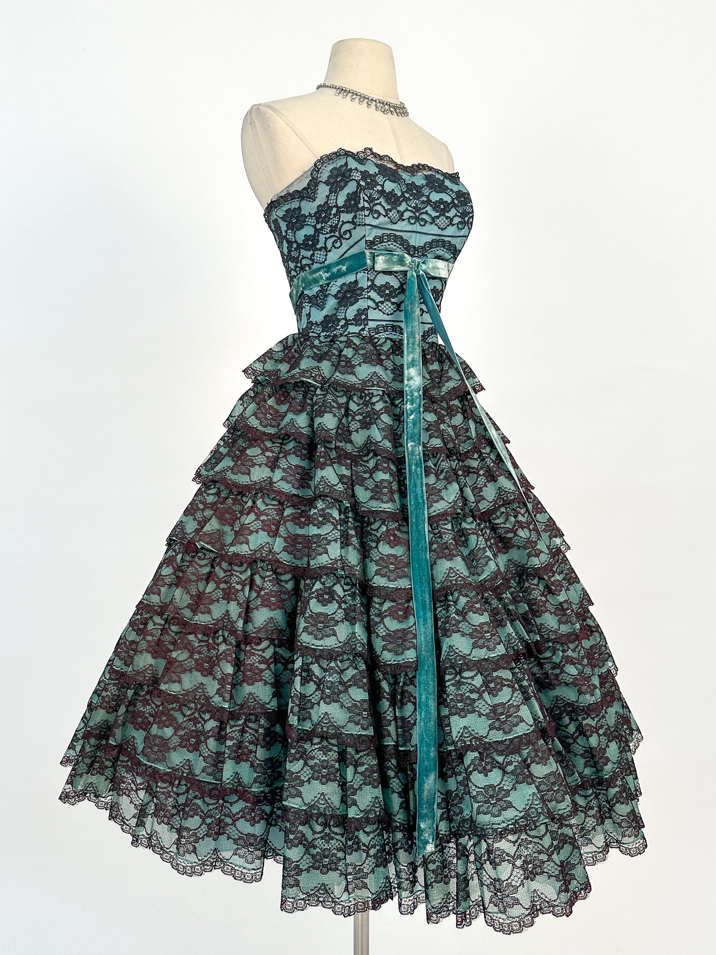 1950s Dreamy Black Lace and Teal Organza Tiered Ball Gown / Waist 24