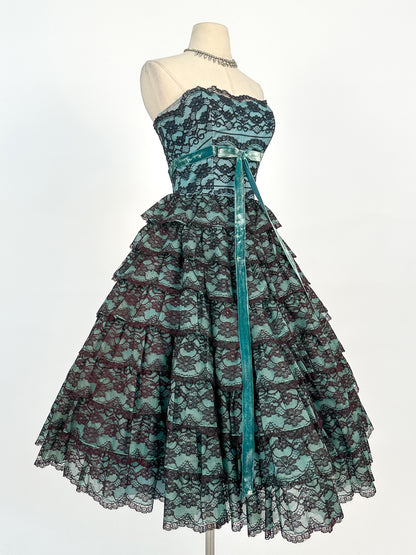 1950s Dreamy Black Lace and Teal Organza Tiered Ball Gown / Waist 24
