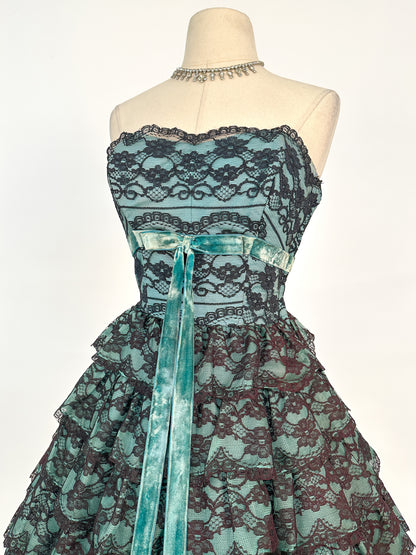 1950s Dreamy Black Lace and Teal Organza Tiered Ball Gown / Waist 24