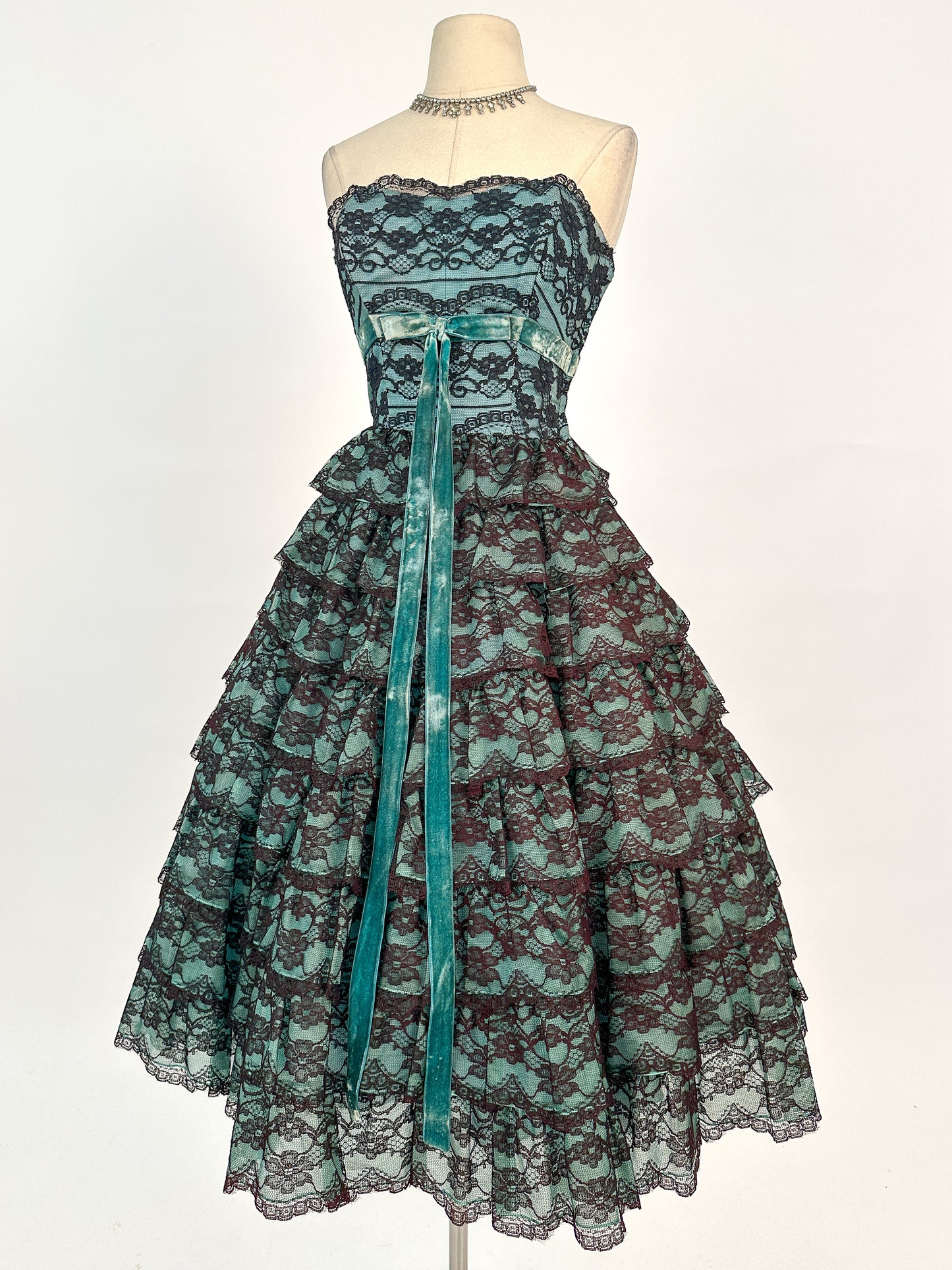 1950s Dreamy Black Lace and Teal Organza Tiered Ball Gown / Waist 24