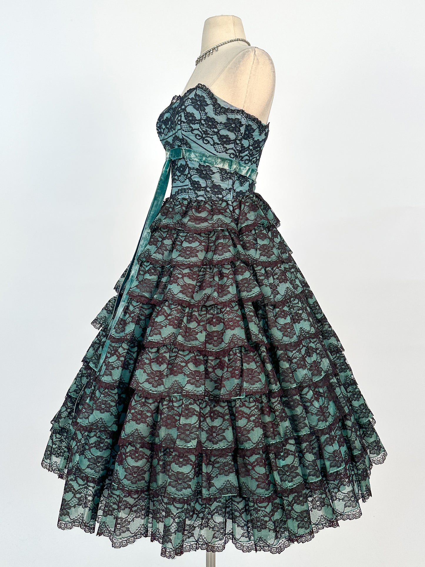 1950s Dreamy Black Lace and Teal Organza Tiered Ball Gown / Waist 24