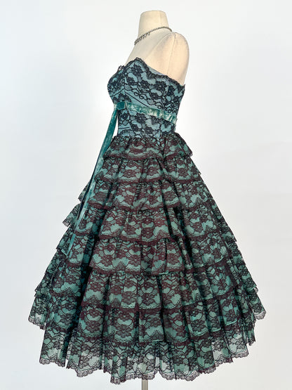 1950s Dreamy Black Lace and Teal Organza Tiered Ball Gown / Waist 24