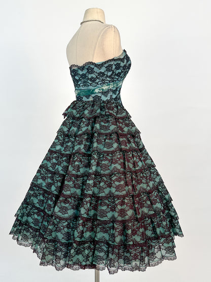 1950s Dreamy Black Lace and Teal Organza Tiered Ball Gown / Waist 24