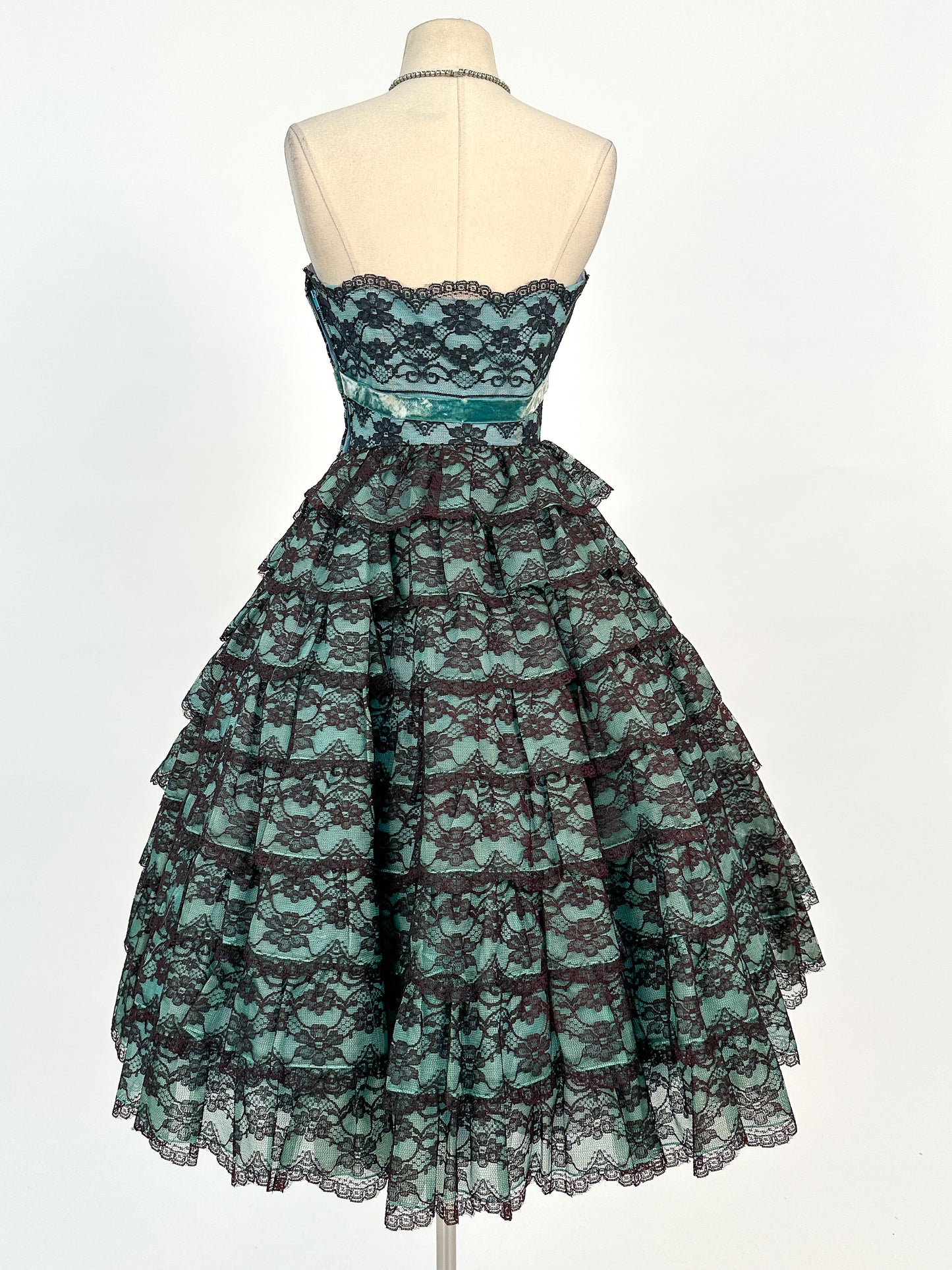 1950s Dreamy Black Lace and Teal Organza Tiered Ball Gown / Waist 24