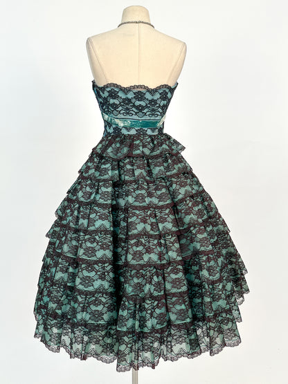 1950s Dreamy Black Lace and Teal Organza Tiered Ball Gown / Waist 24