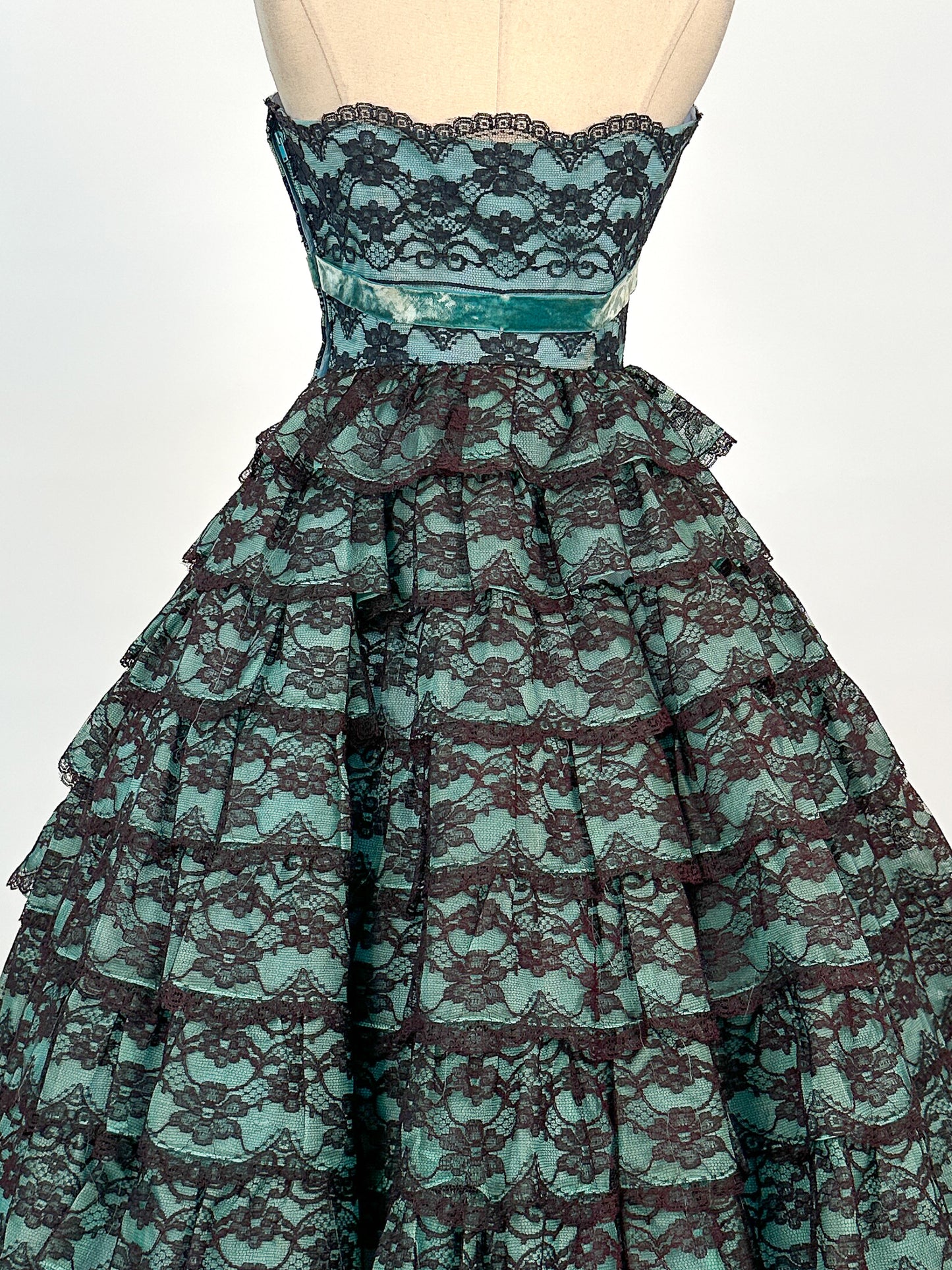 1950s Dreamy Black Lace and Teal Organza Tiered Ball Gown / Waist 24