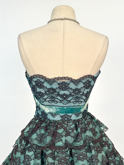 1950s Dreamy Black Lace and Teal Organza Tiered Ball Gown / Waist 24