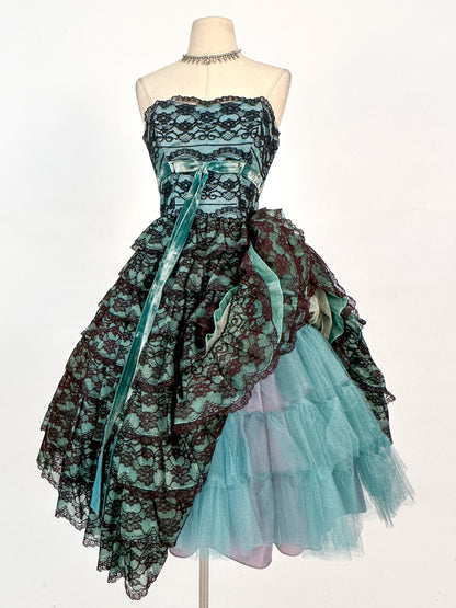 1950s Dreamy Black Lace and Teal Organza Tiered Ball Gown / Waist 24