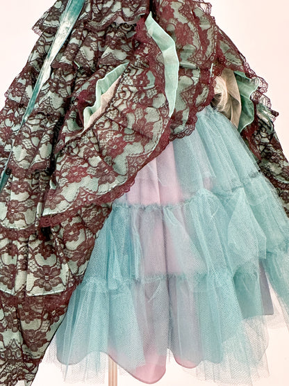 1950s Dreamy Black Lace and Teal Organza Tiered Ball Gown / Waist 24