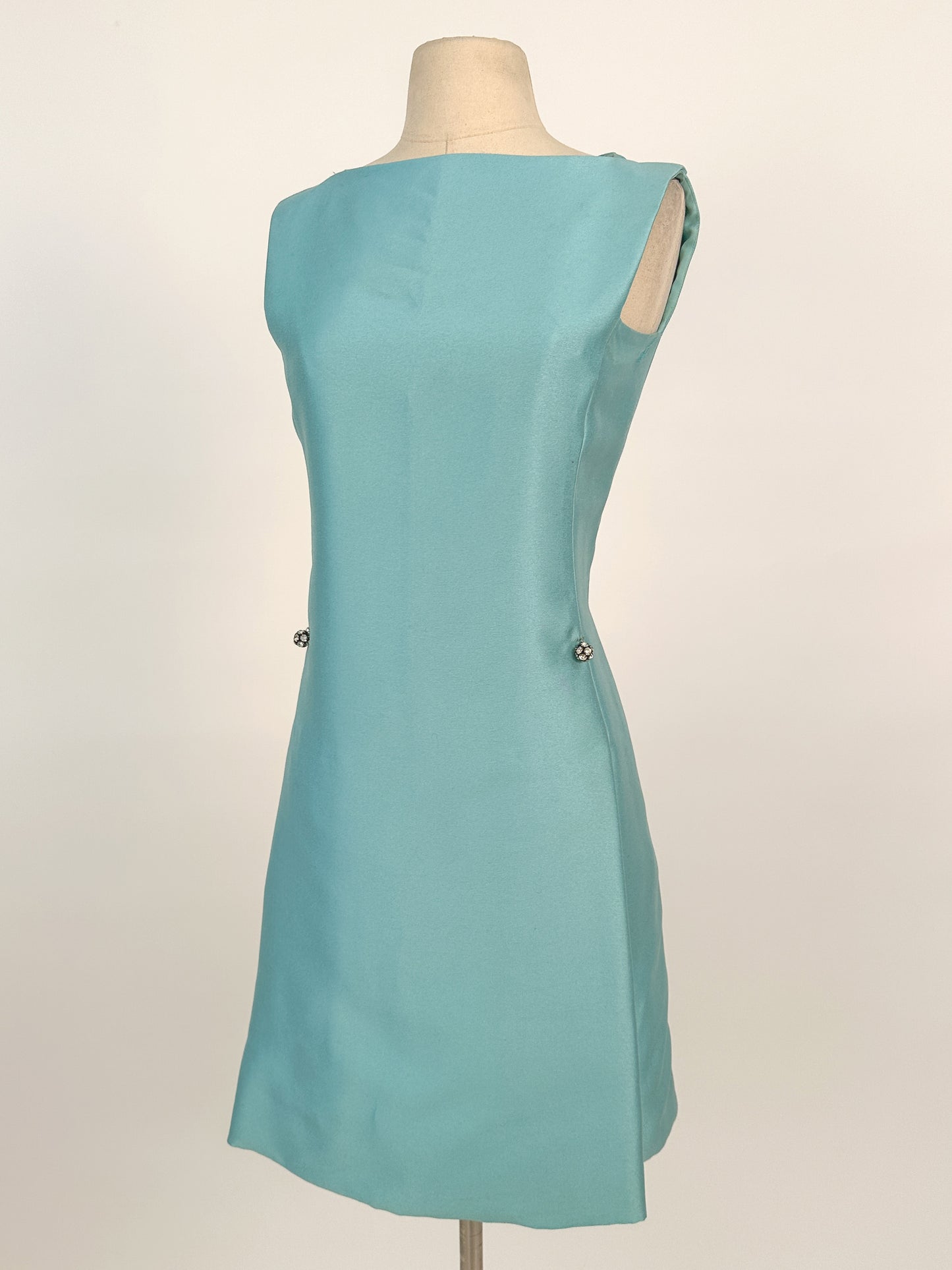 1960s Aqua Dupioni Silk Shift Dress / Waist 34