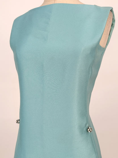 1960s Aqua Dupioni Silk Shift Dress / Waist 34