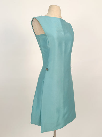 1960s Aqua Dupioni Silk Shift Dress / Waist 34
