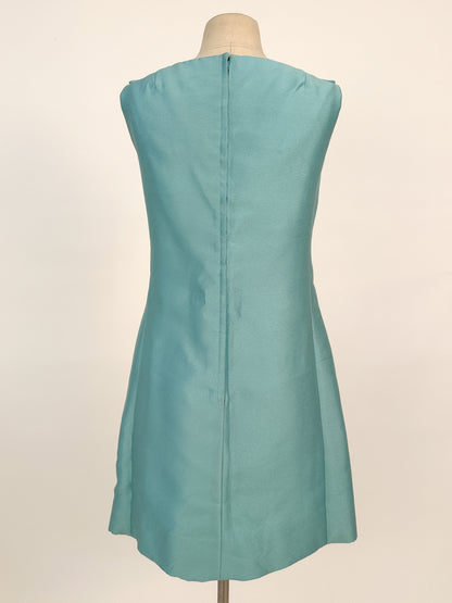 1960s Aqua Dupioni Silk Shift Dress / Waist 34