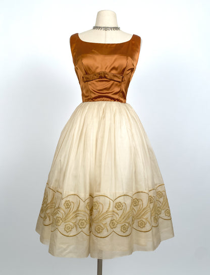 1950s Copper Satin and Ivory Organza Dress / Waist 26