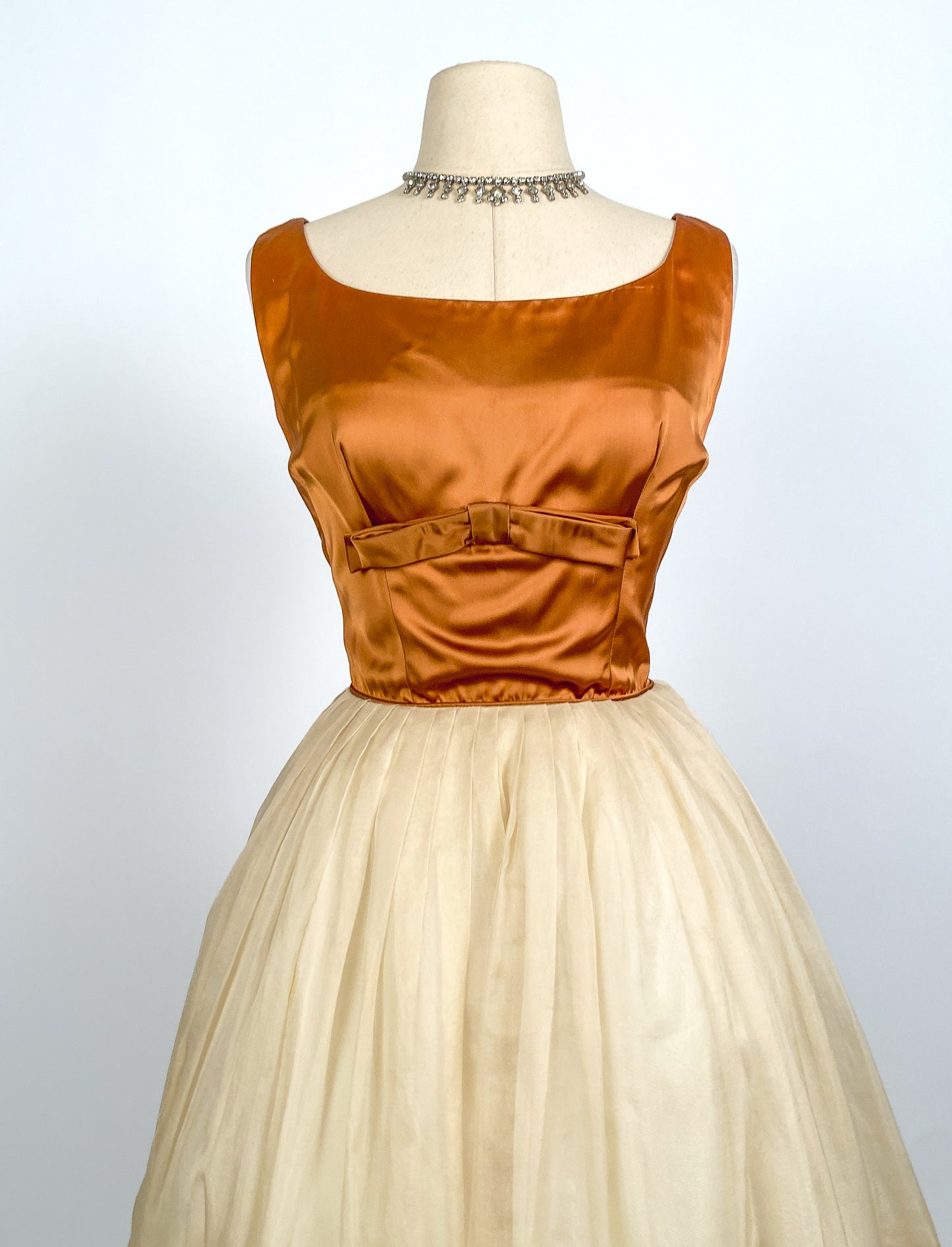 1950s Copper Satin and Ivory Organza Dress / Waist 26