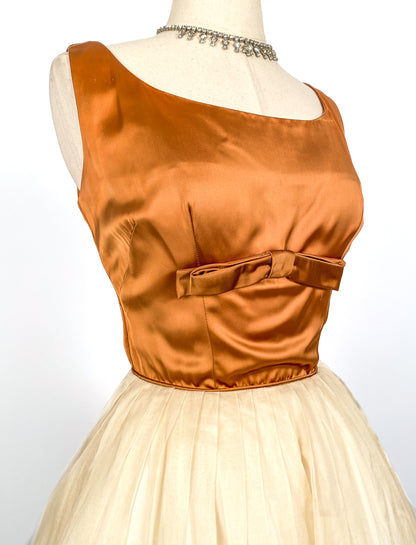 1950s Copper Satin and Ivory Organza Dress / Waist 26