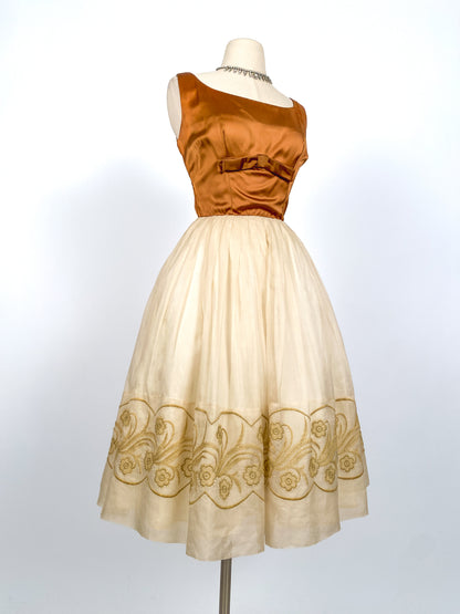1950s Copper Satin and Ivory Organza Dress / Waist 26