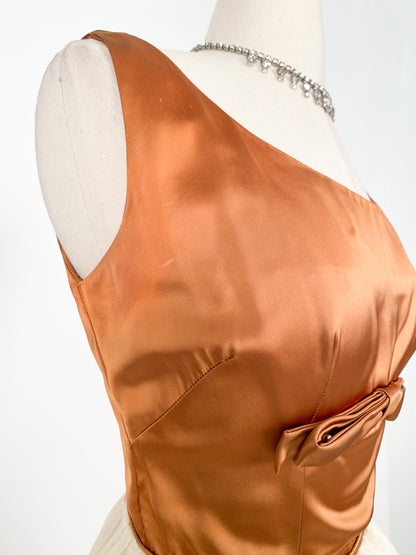 1950s Copper Satin and Ivory Organza Dress / Waist 26