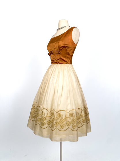 1950s Copper Satin and Ivory Organza Dress / Waist 26