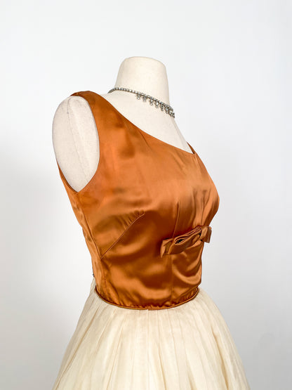 1950s Copper Satin and Ivory Organza Dress / Waist 26