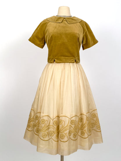 1950s Copper Satin and Ivory Organza Dress / Waist 26