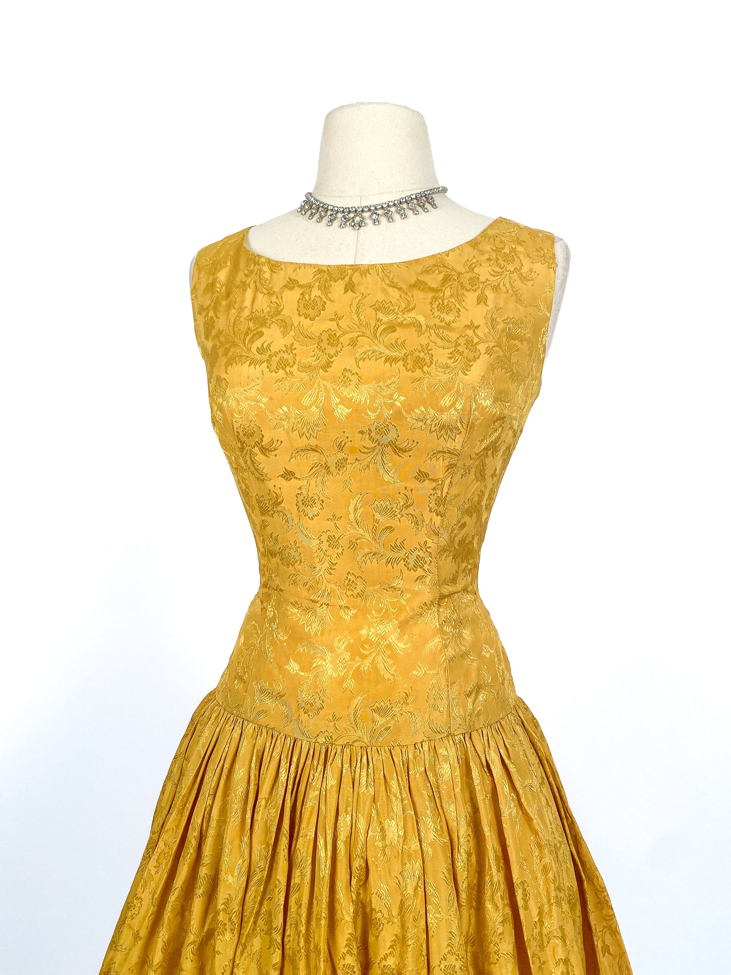 1950s Gold Embossed Satin Dress / Waist 24.5