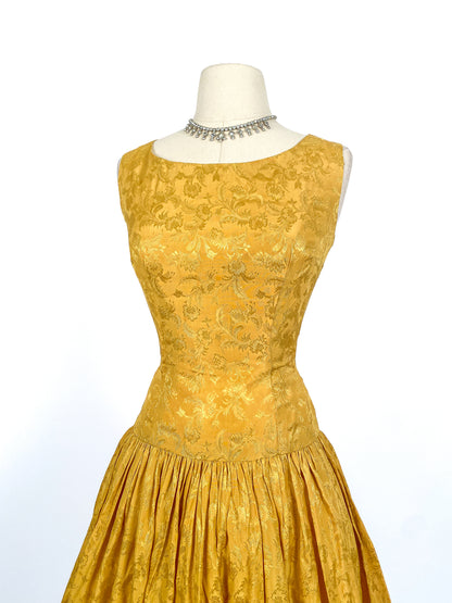 1950s Gold Embossed Satin Dress / Waist 24.5