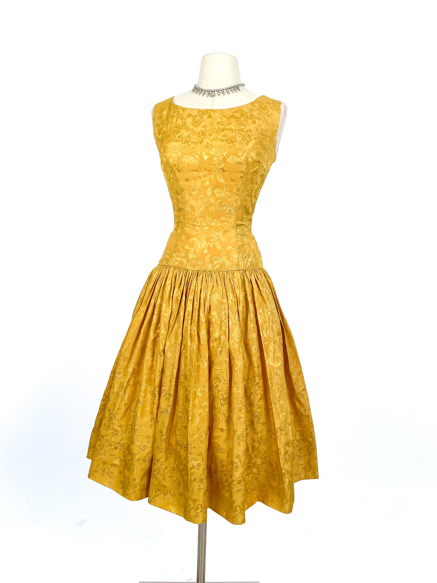 1950s Gold Embossed Satin Dress / Waist 24.5