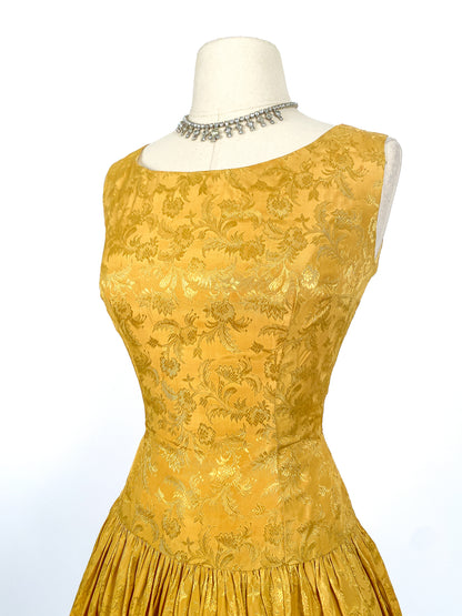 1950s Gold Embossed Satin Dress / Waist 24.5