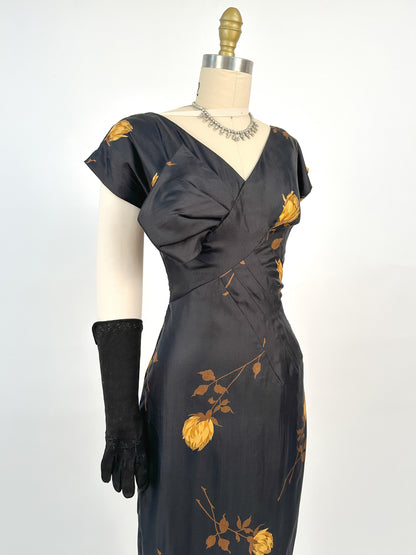 1950s Silk Wiggle Dress with Yellow Roses / Waist 26