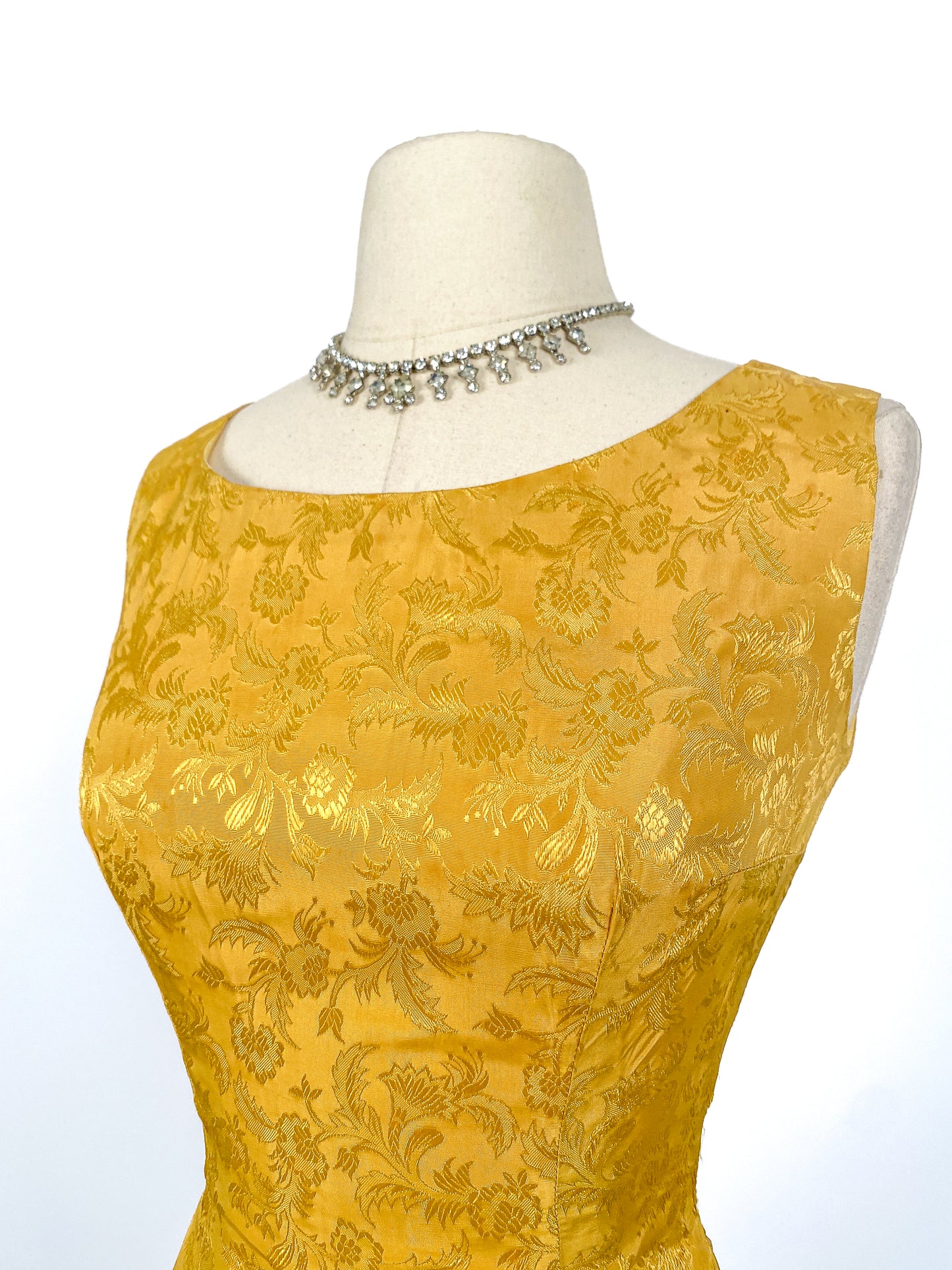 1950s Gold Embossed Satin Dress / Waist 24.5