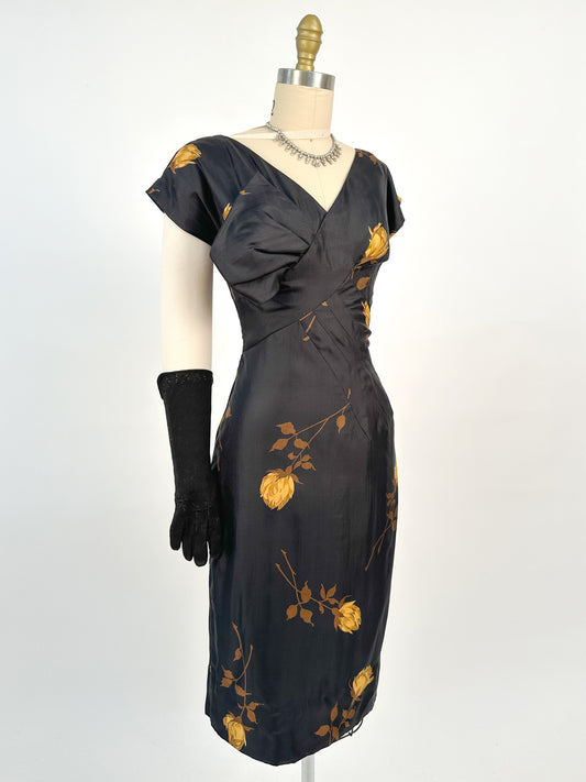 1950s Silk Wiggle Dress with Yellow Roses / Waist 26