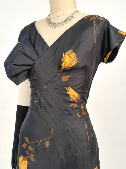 1950s Silk Wiggle Dress with Yellow Roses / Waist 26