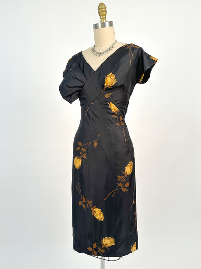 1950s Silk Wiggle Dress with Yellow Roses / Waist 26