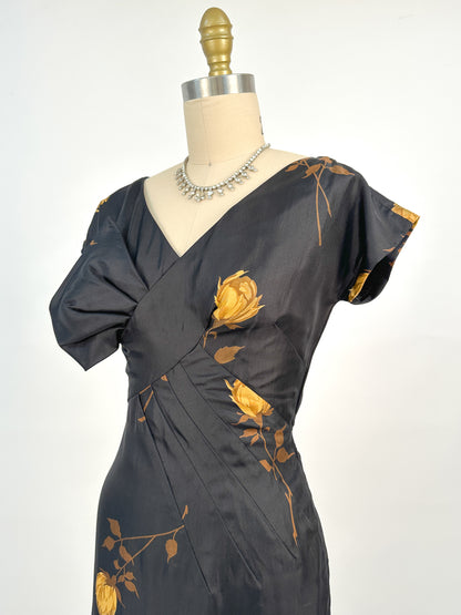1950s Silk Wiggle Dress with Yellow Roses / Waist 26