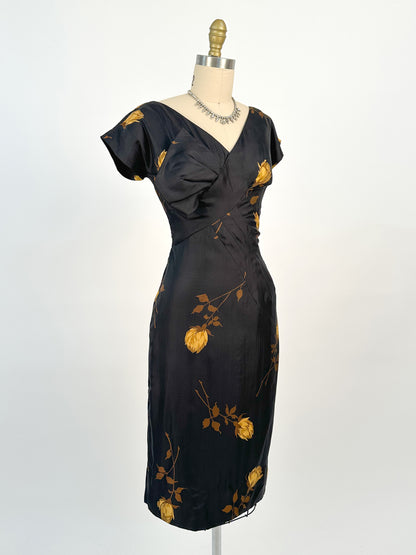 1950s Silk Wiggle Dress with Yellow Roses / Waist 26