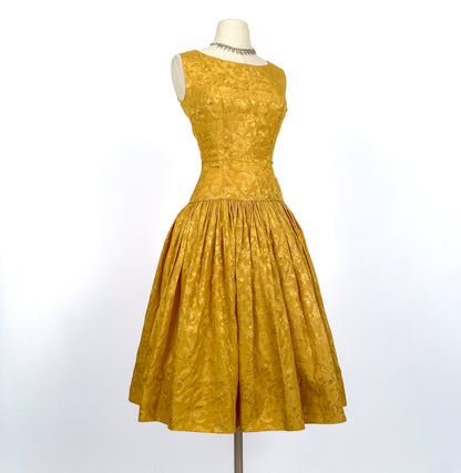 1950s Gold Embossed Satin Dress / Waist 24.5