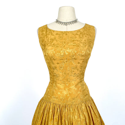 1950s Gold Embossed Satin Dress / Waist 24.5
