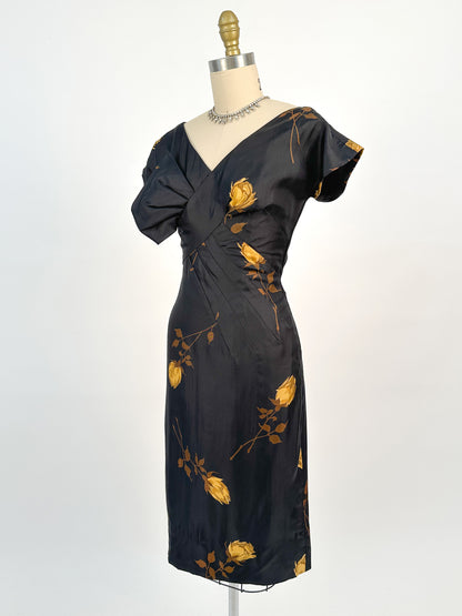 1950s Silk Wiggle Dress with Yellow Roses / Waist 26
