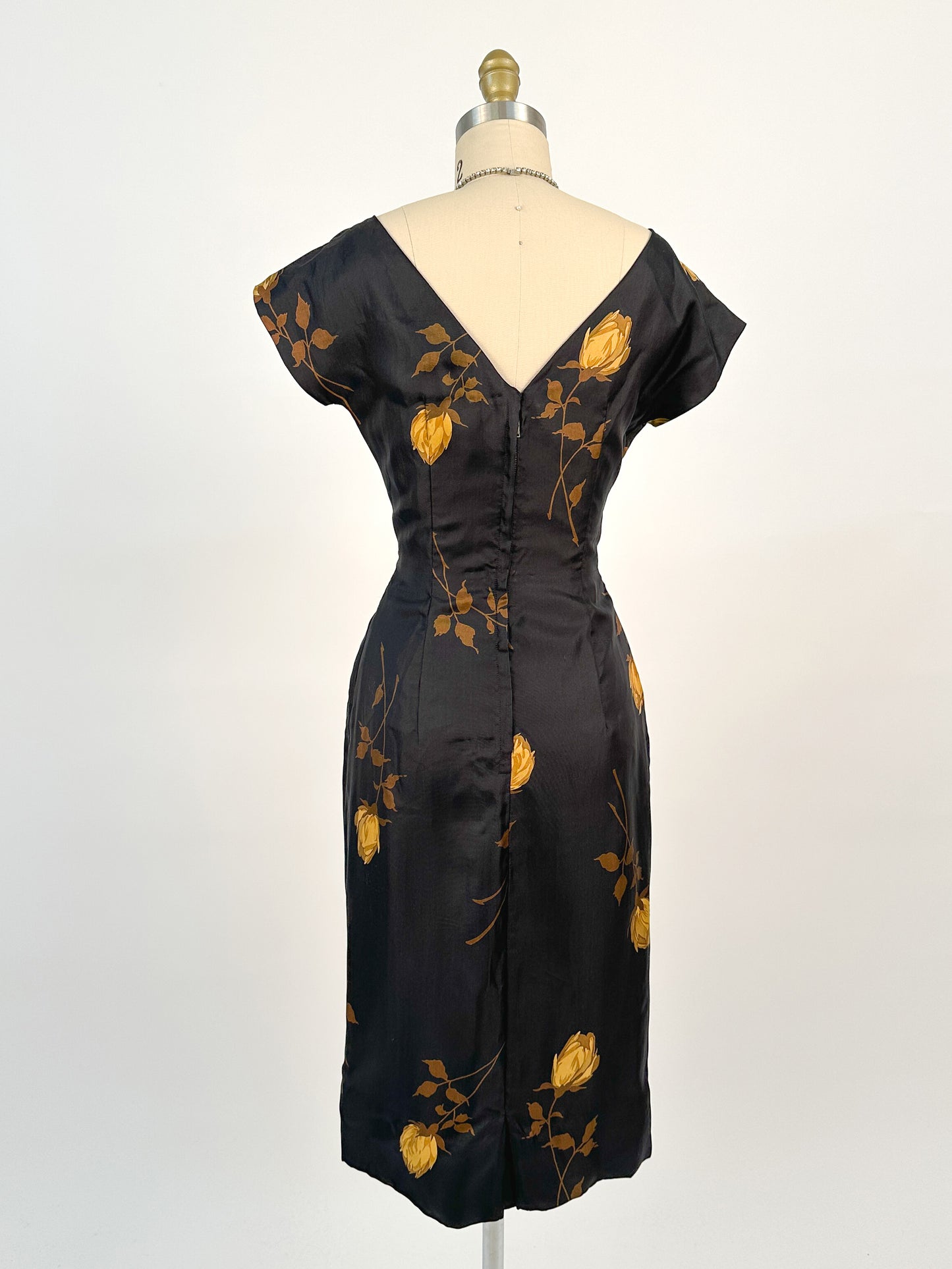 1950s Silk Wiggle Dress with Yellow Roses / Waist 26