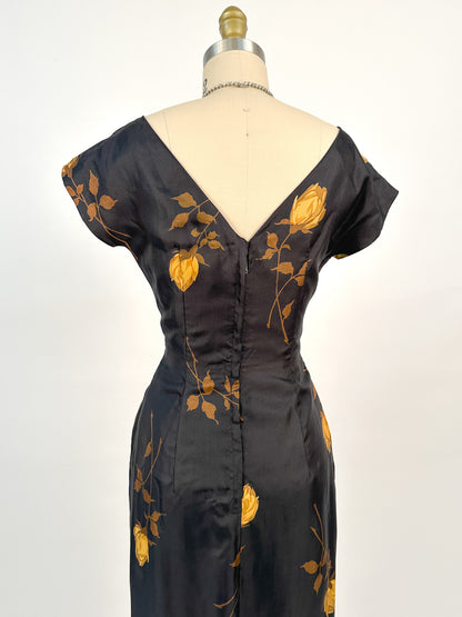 1950s Silk Wiggle Dress with Yellow Roses / Waist 26