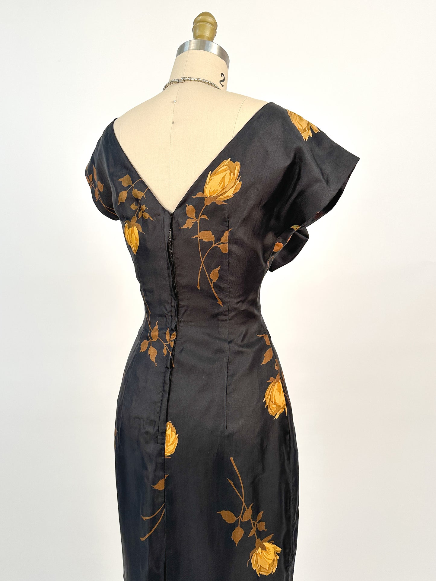 1950s Silk Wiggle Dress with Yellow Roses / Waist 26